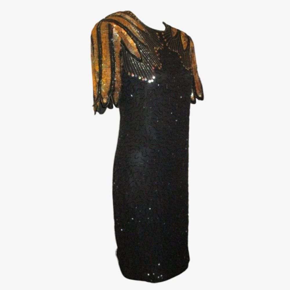 Vintage 90s D'Albert Silk Beaded Sequin Dress 10 M Cocktail Party LBD Mob Wife - Picture 8 of 14